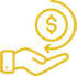 Icon representing cash refund with dollar signs in a circular design.