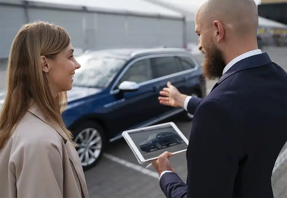 blog-strip-img A car sales representative showing a customer a vehicle using a tablet at a dealership.