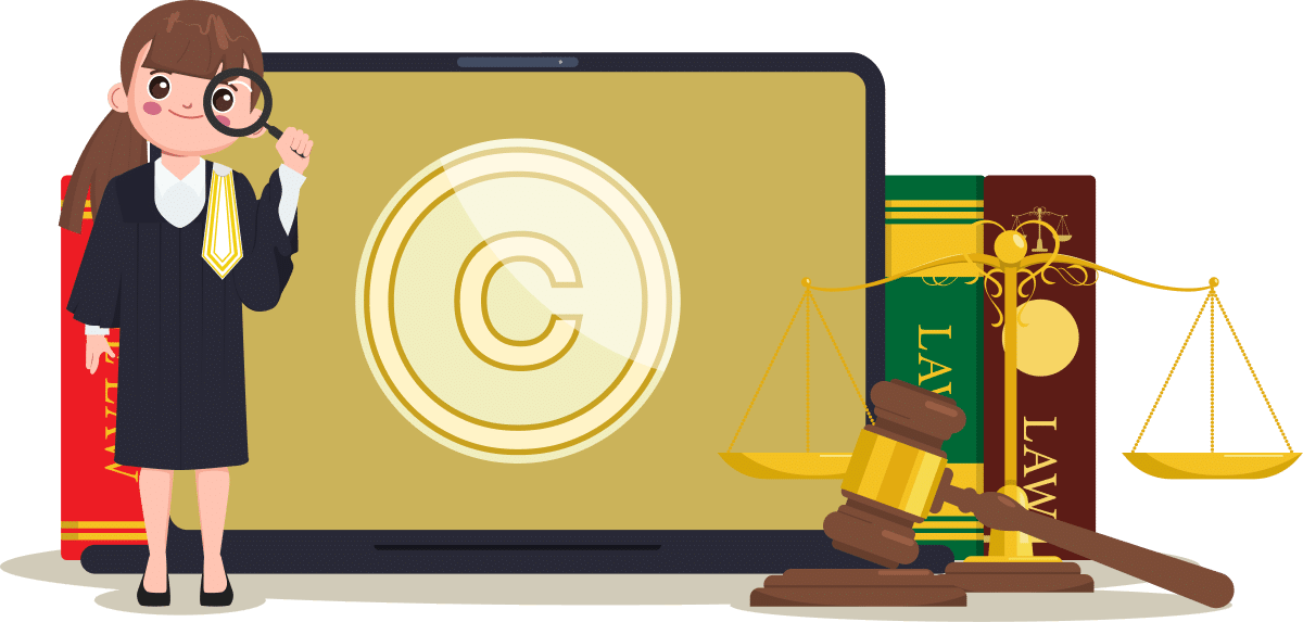 law Cartoon illustration of a female lawyer holding a magnifying glass, with a laptop displaying a copyright symbol, law books, and a gavel.