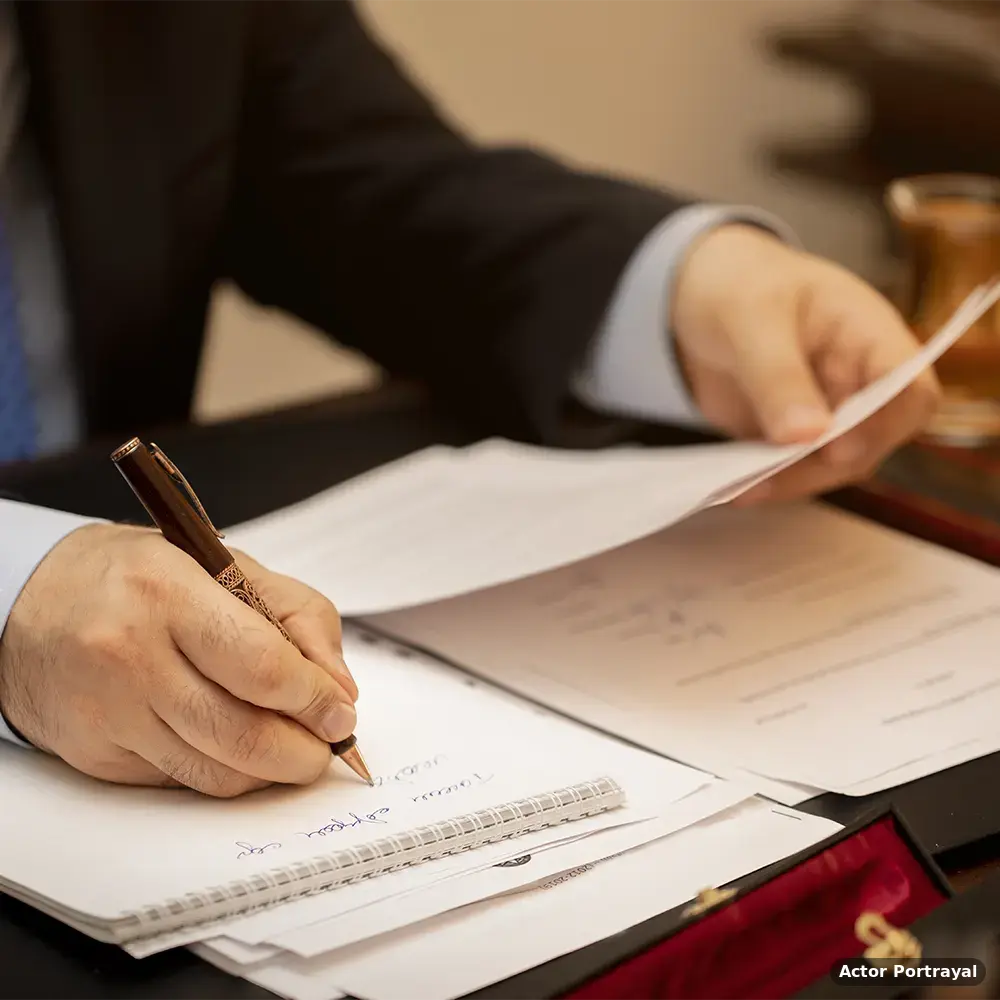 Signing lemon law settlement paperwork (Actor Portrayal)