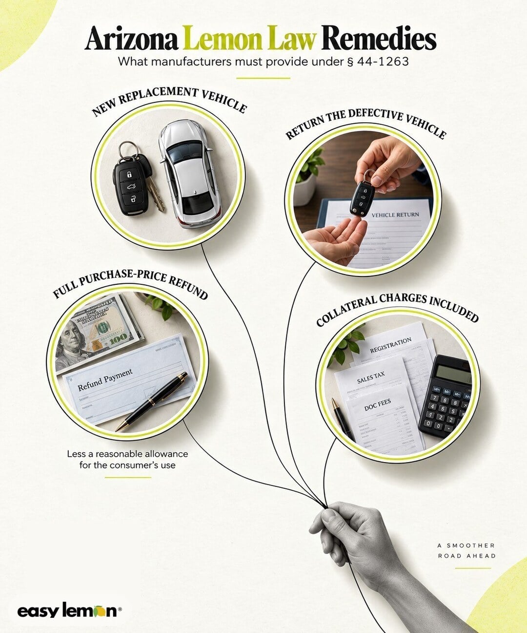 Arizona lemon law remedies infographic: replacement vehicle, full refund, and collateral charges under A.R.S. 44-1263