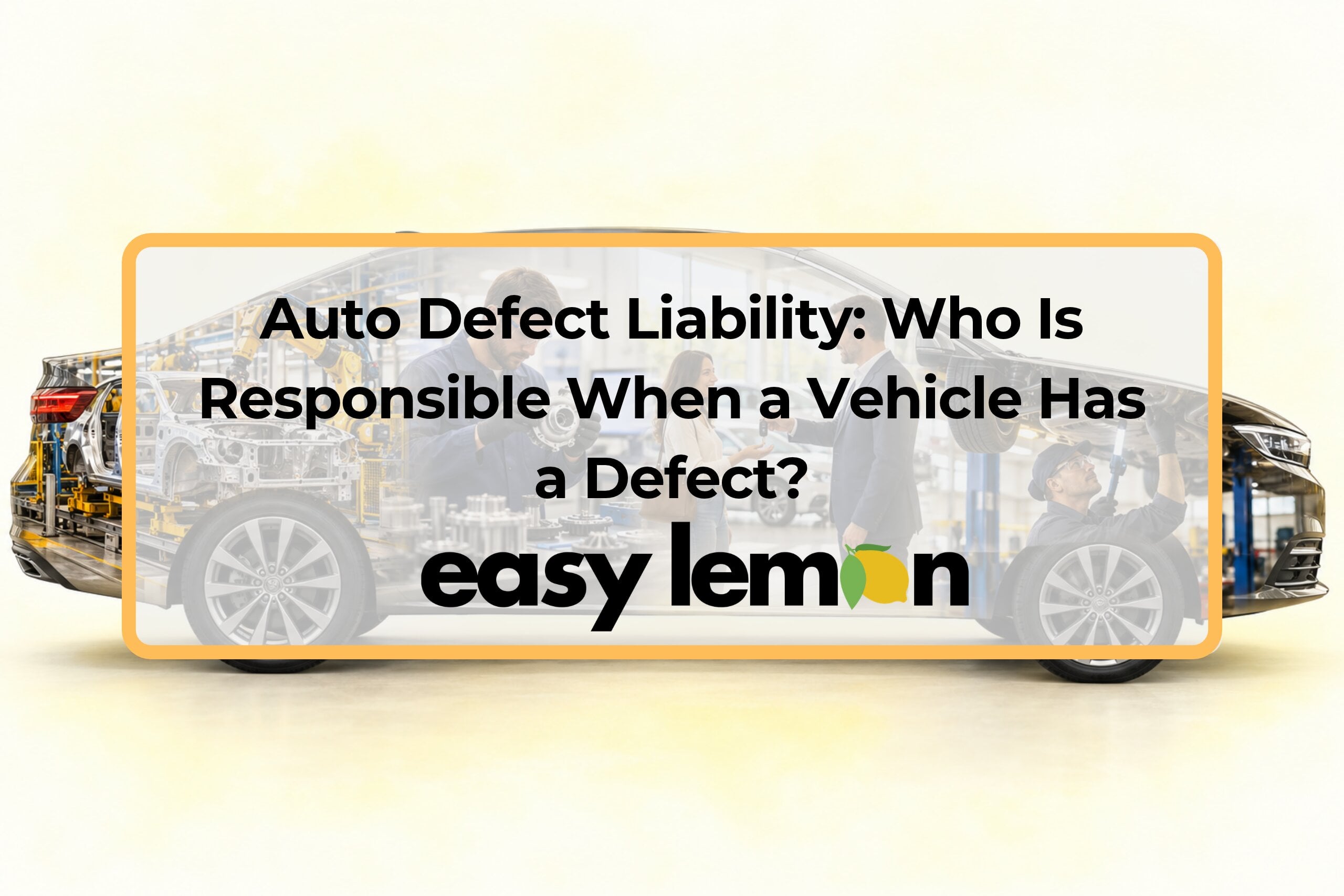 Easy Lemon title card on auto defect liability over a car cutaway showing a factory, a dealership and a repair shop