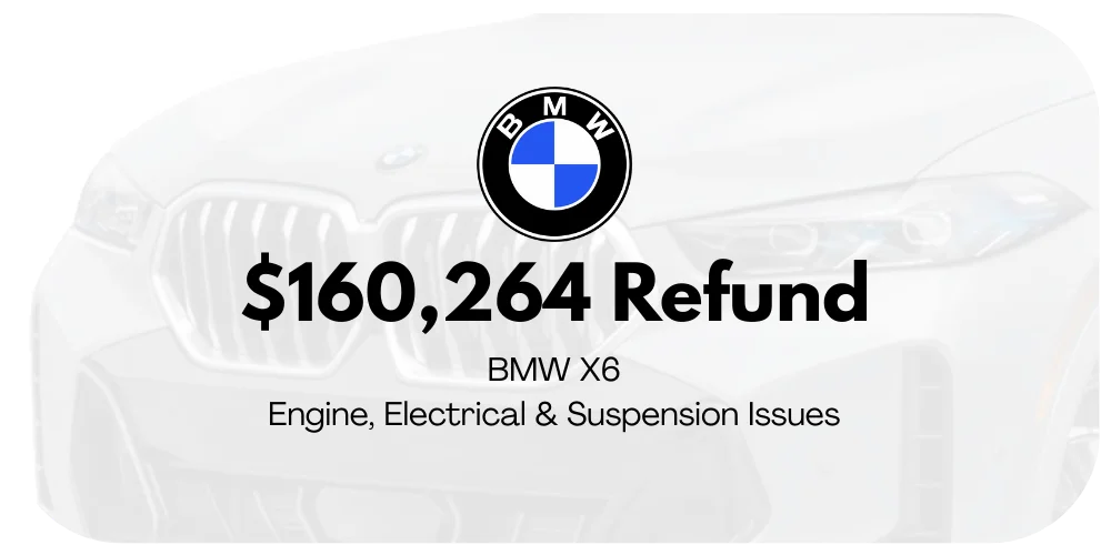 BMW X6 lemon law refund graphic: $160,264 for engine, electrical, and suspension issues.
