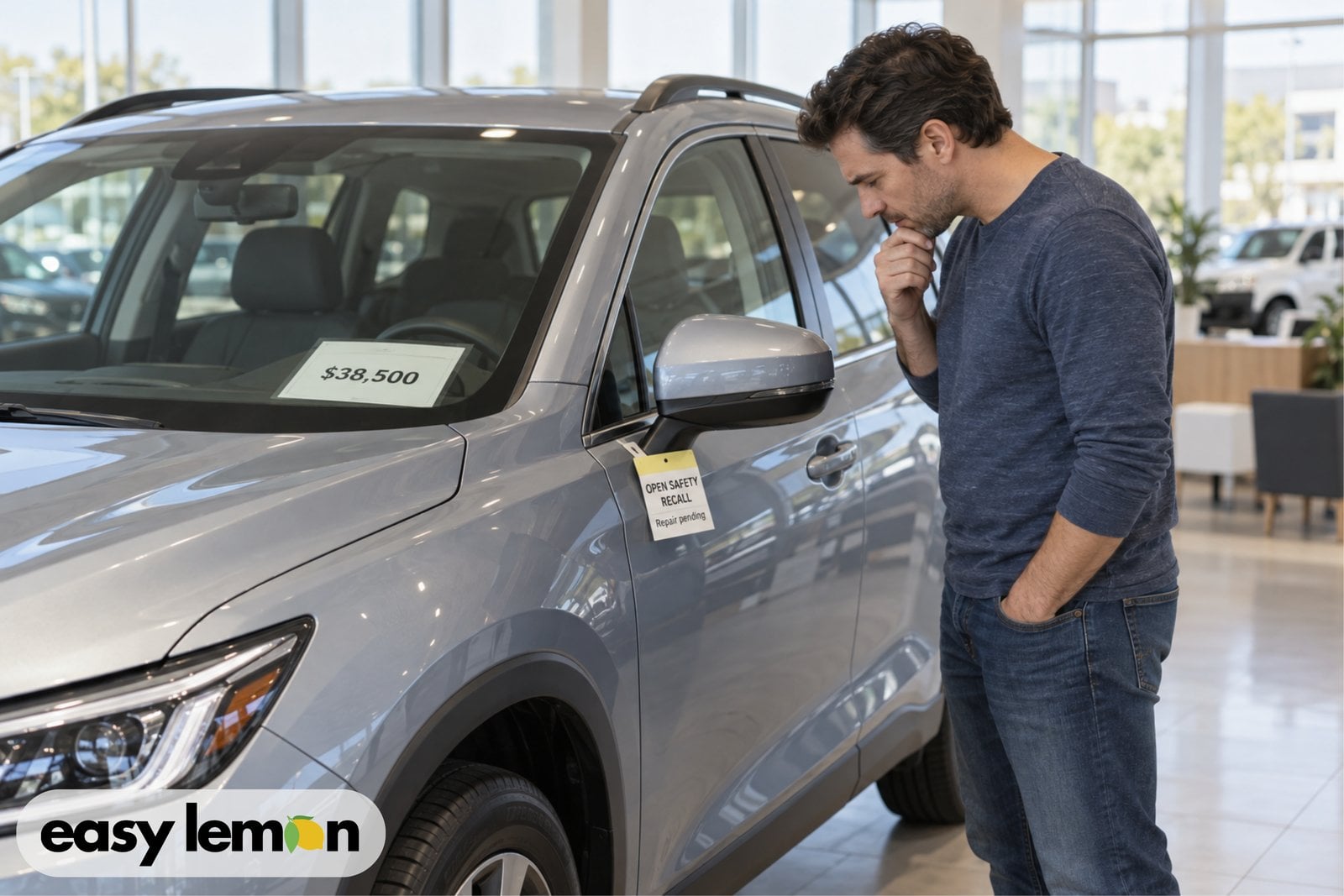 Car buyer at a dealership looking at an SUV tagged with an open safety recall, repair pending, before deciding to buy