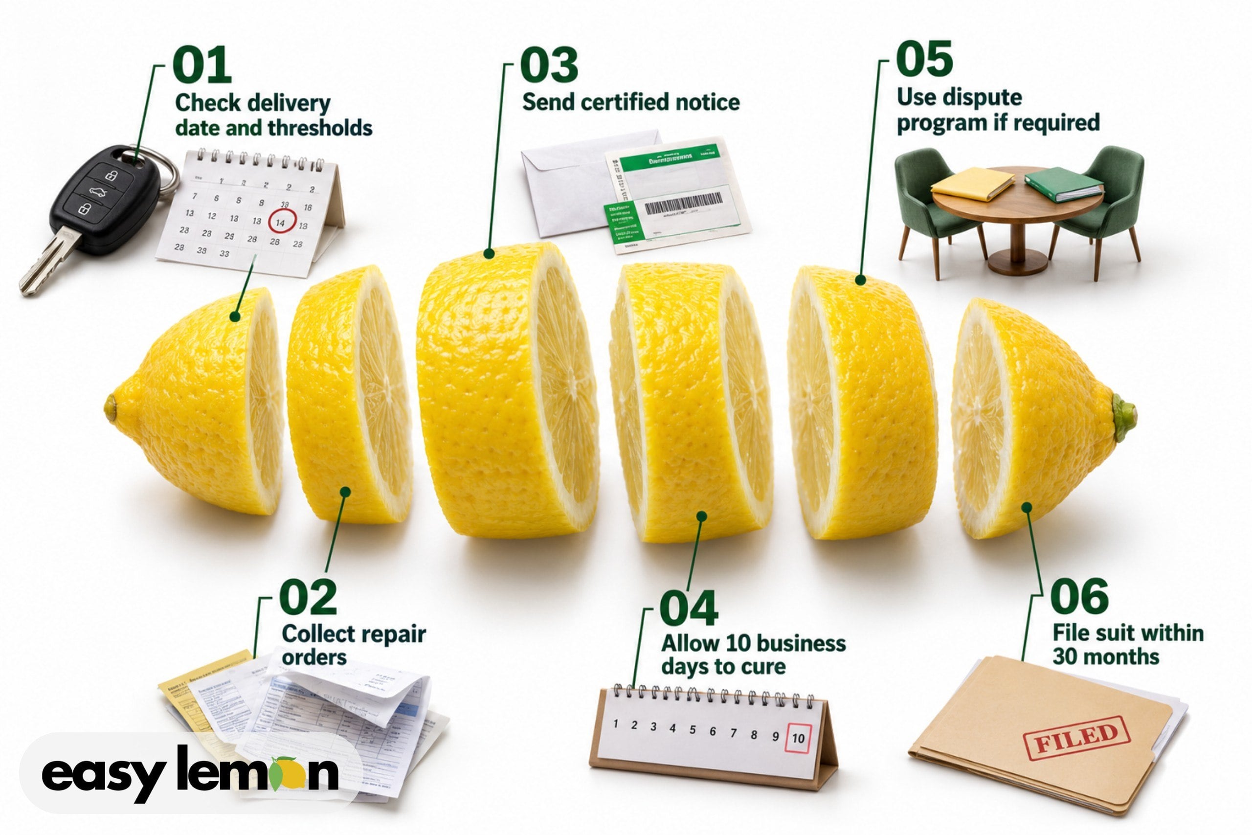 Lemon cut into 6 slices showing the steps to file a Colorado lemon law claim, from checking delivery date to filing suit