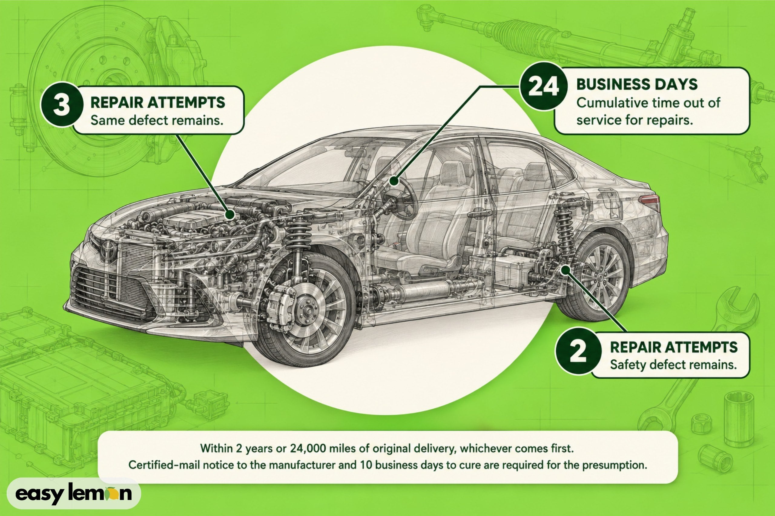 Car cutaway showing Colorado lemon presumption: 3 repair attempts, 2 for safety defects, or 24 business days out of service