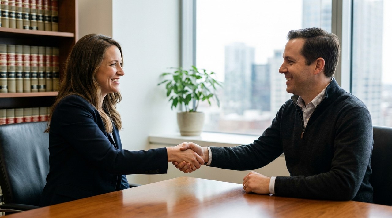 Consumer warranty attorney shaking hands with a client during a Magnuson-Moss Warranty Act case consultation