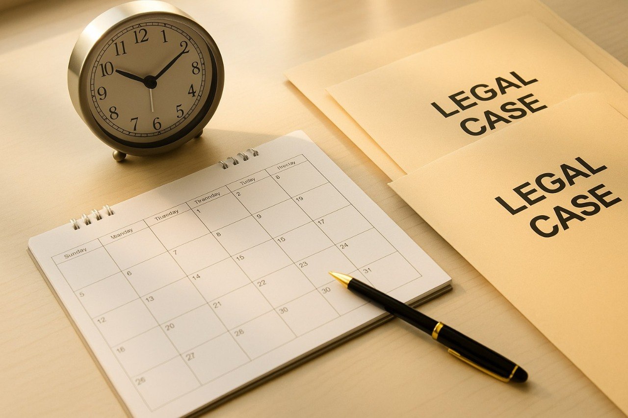 Calendar, clock, and legal case folders representing the timeline for resolving a Dallas lemon law case