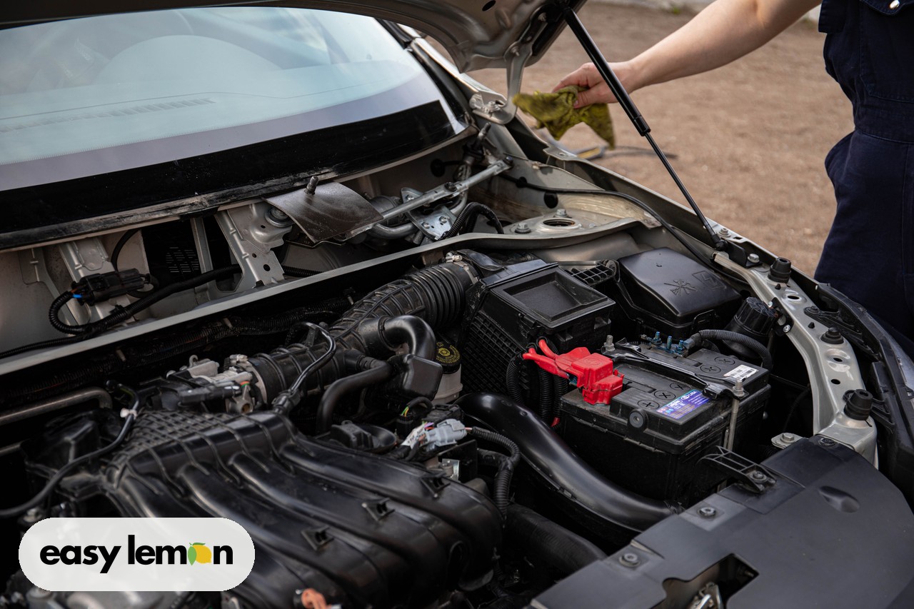 Mechanic inspecting a car engine bay and battery while checking for open recall repairs