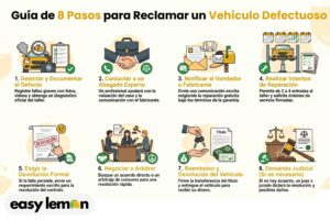 infografía de devolución de dinero carro defectuoso con 8 pasos desde documentar fallas hasta recibir reembolso y devolver el vehículo