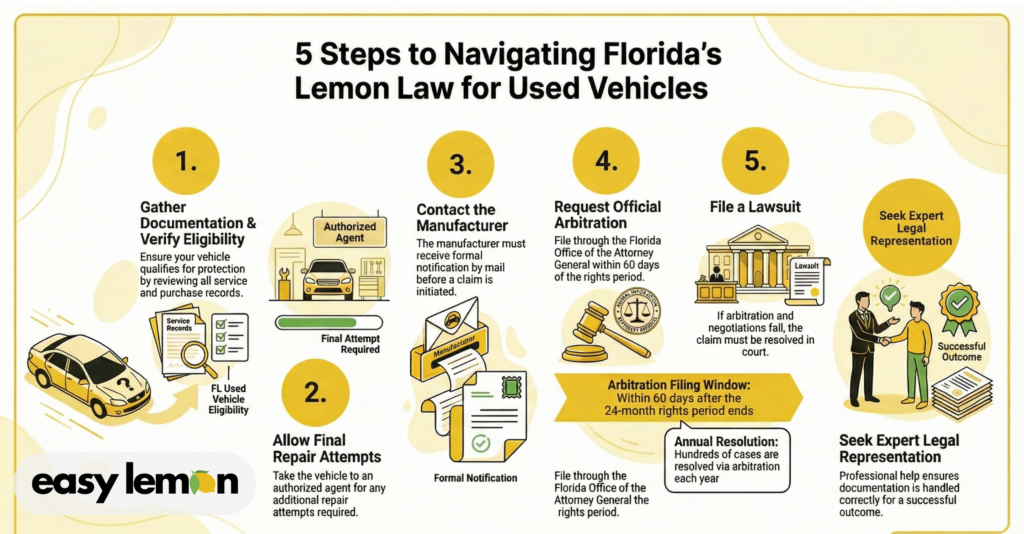 Florida lemon law for used vehicles claim process steps illustration