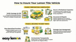 does a lemon title affect insurance infographic showing tips to insure a lemon title vehicle including VIN check inspection and comparing insurers