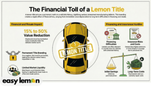 infographic explaining how a lemon title reduces a vehicle’s value by 15% to 50%, showing financial impact, financing difficulties, insurance hurdles, and long-term costs