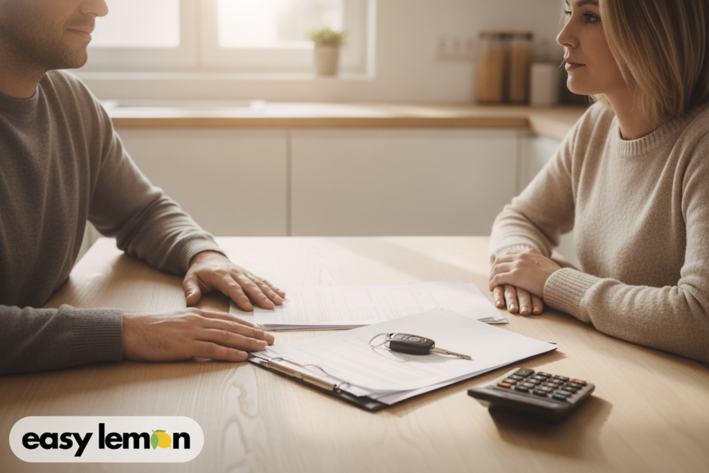 Consumers reviewing a Florida lemon law refund check and purchase documents