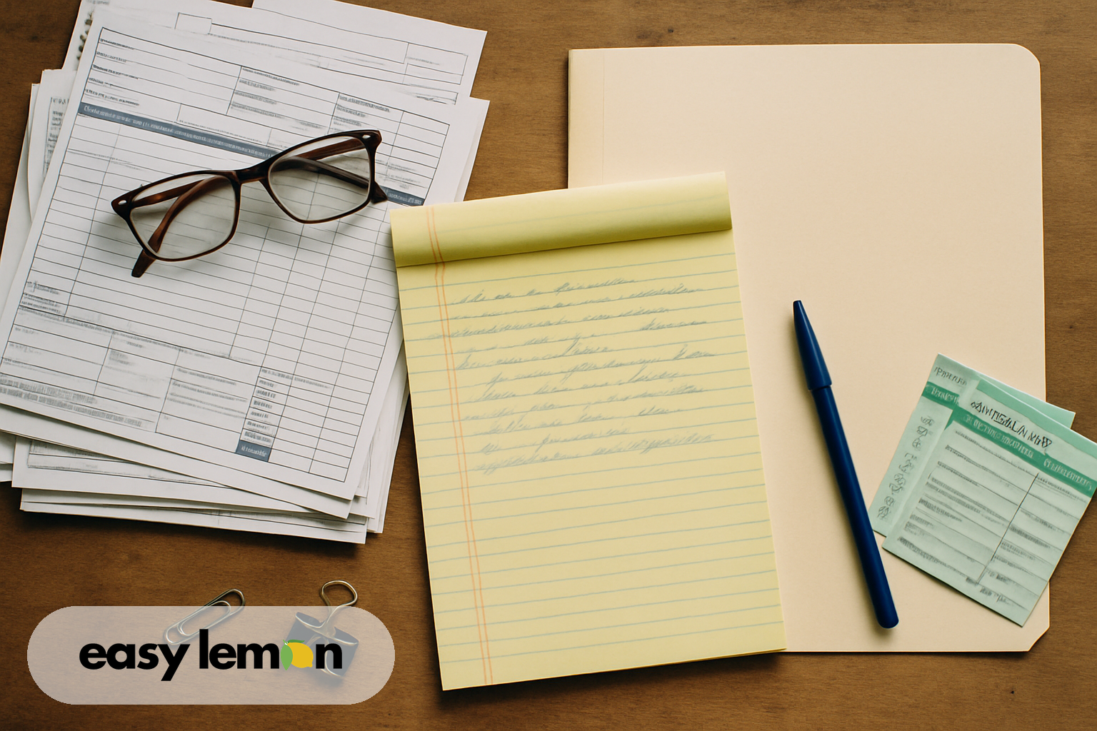 Repair invoices, warranty booklet, and notepad spread across kitchen table