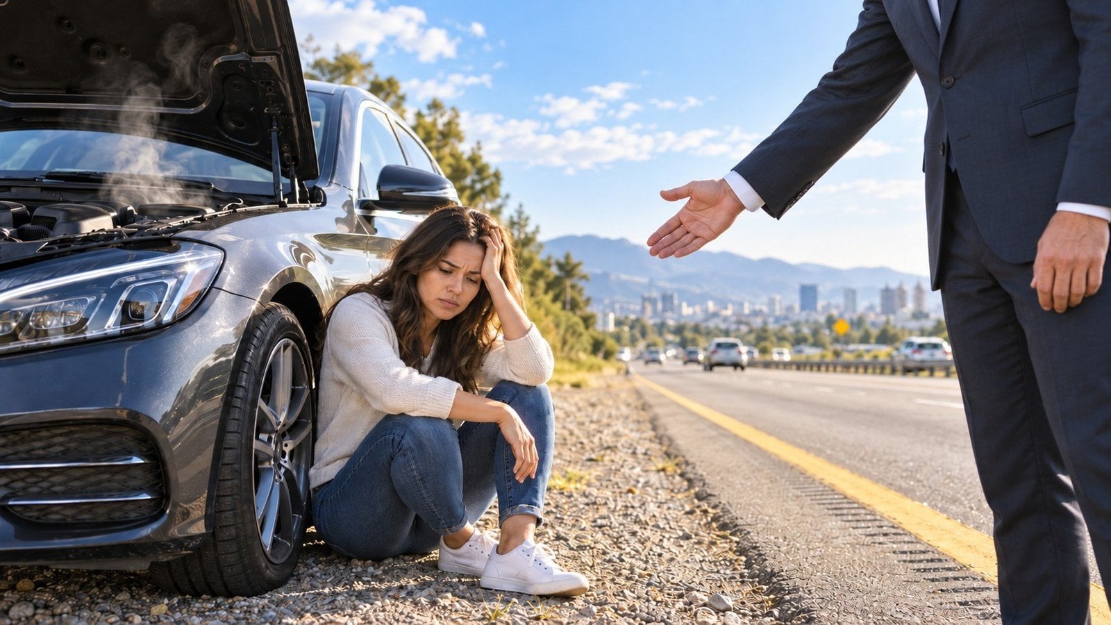 An Illinois lemon law attorney extends a hand to a stressed driver stranded beside her broken-down car on the highway.