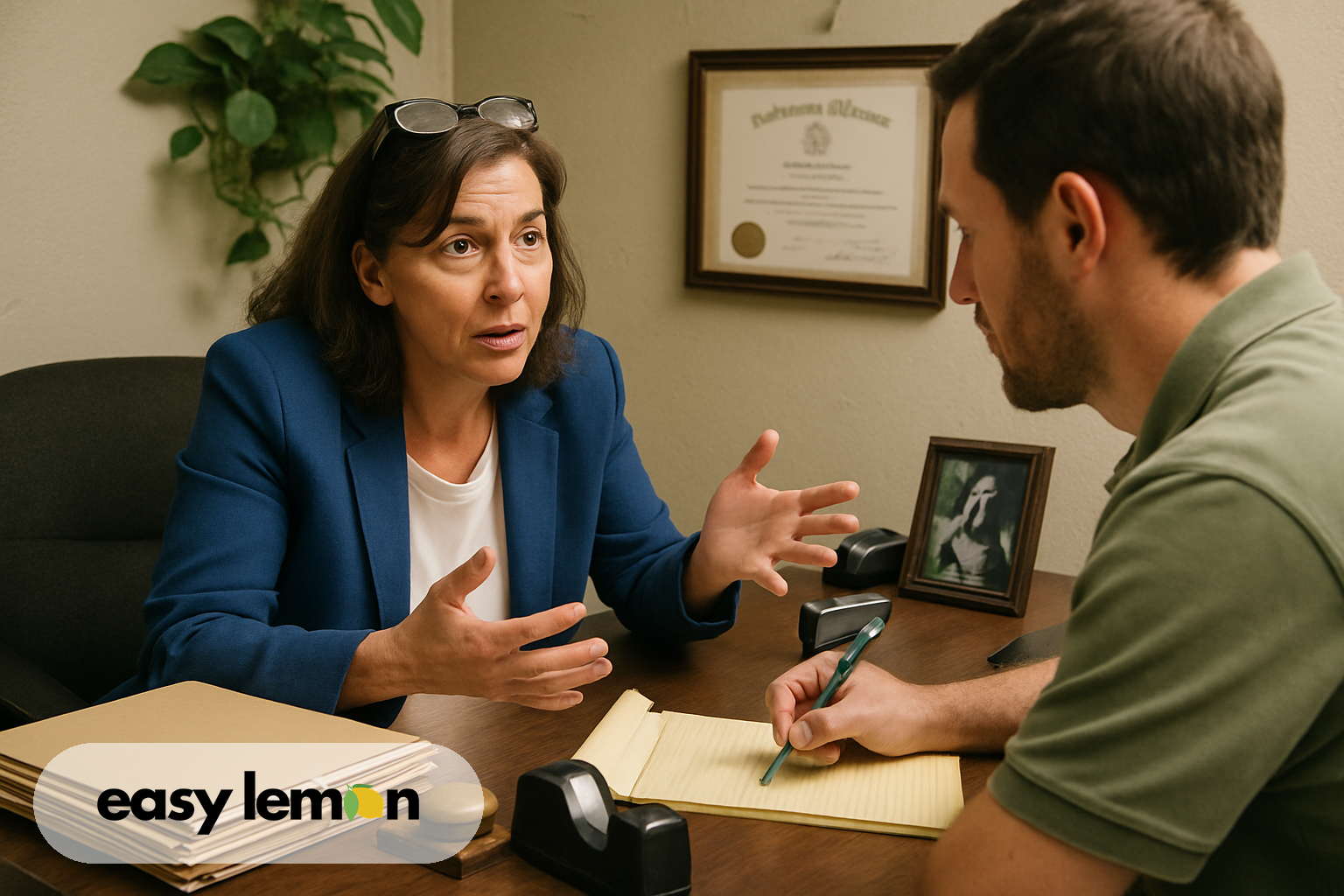 Alabama lemon law attorney reviewing case documents with a client