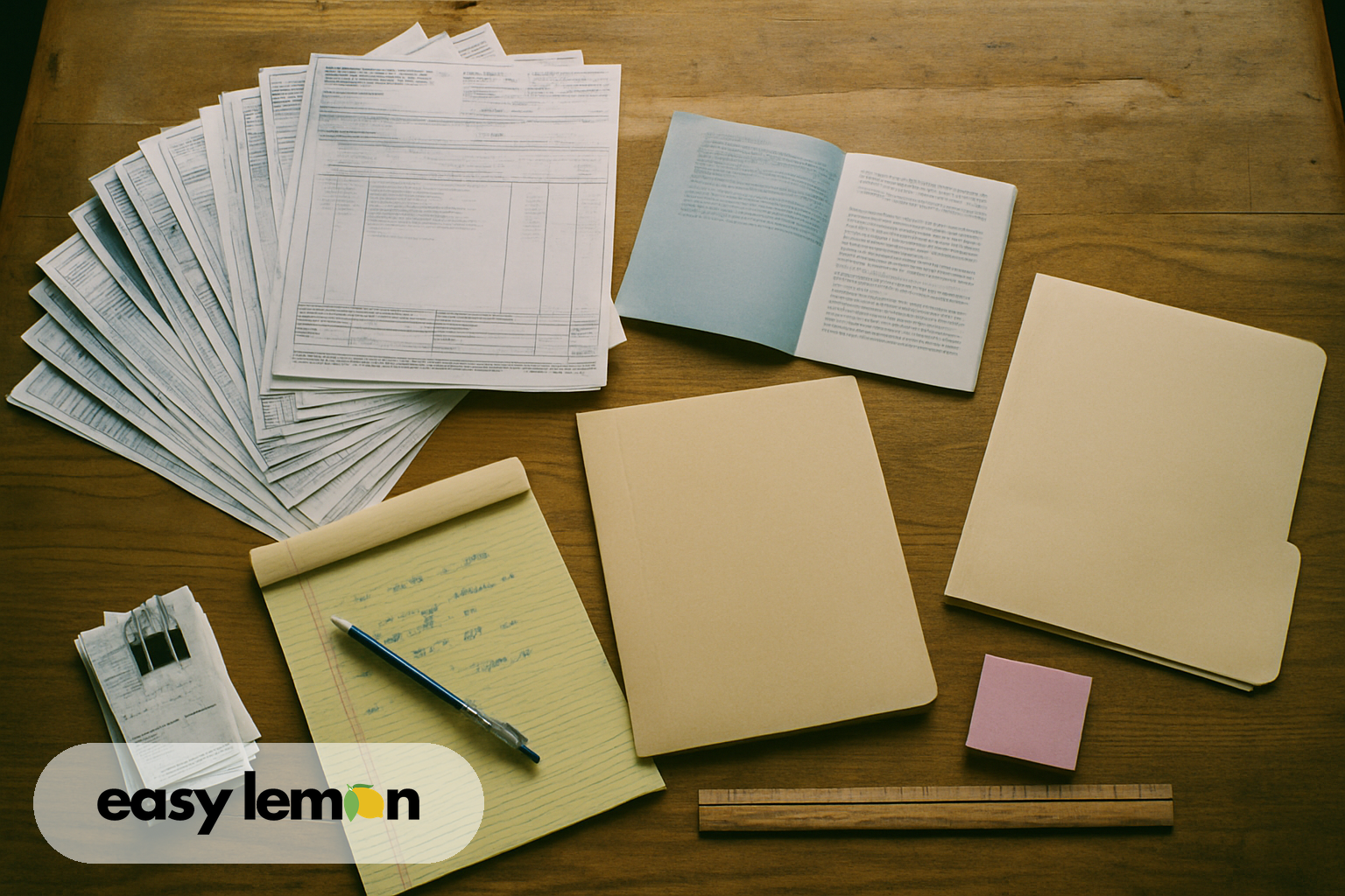 Repair invoices, warranty booklet, and notepad spread across kitchen table