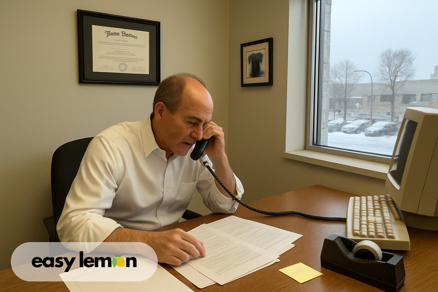 Alaska lemon law attorney consulting with a client across a desk in a small office