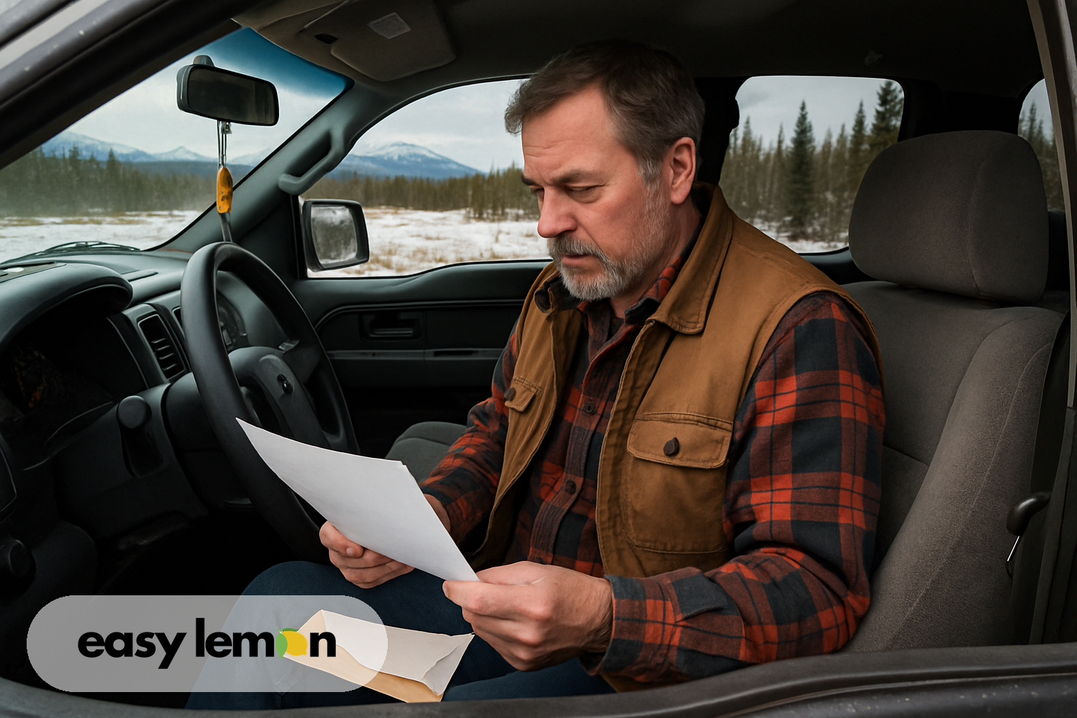 Alaska driver reading manufacturer correspondence in a kitchen with snow-dusted spruce trees outside