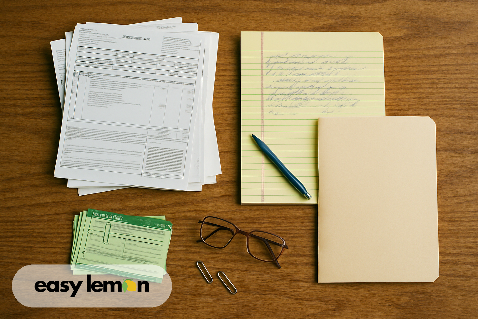Repair invoices, warranty booklet, and notepad spread across kitchen table