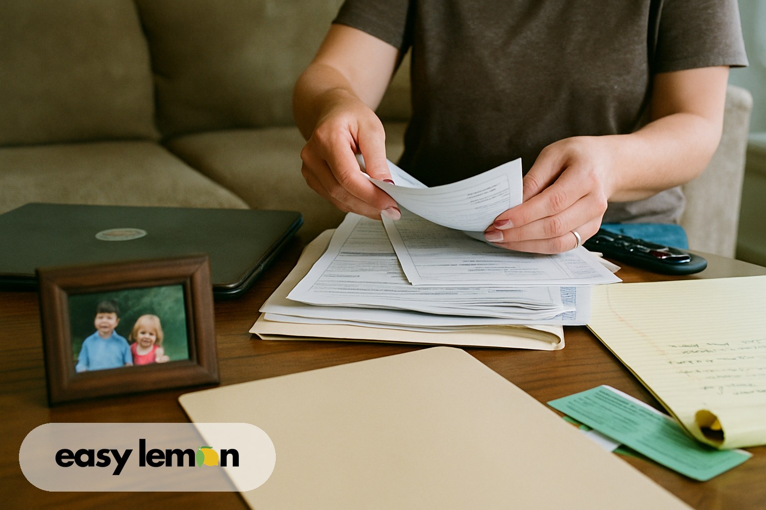 Repair invoices, warranty booklet, and notepad spread across kitchen table