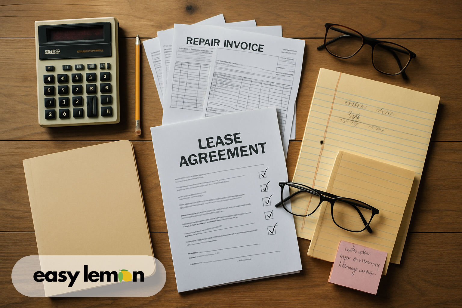 Repair invoices, warranty booklet, and notepad spread across kitchen table