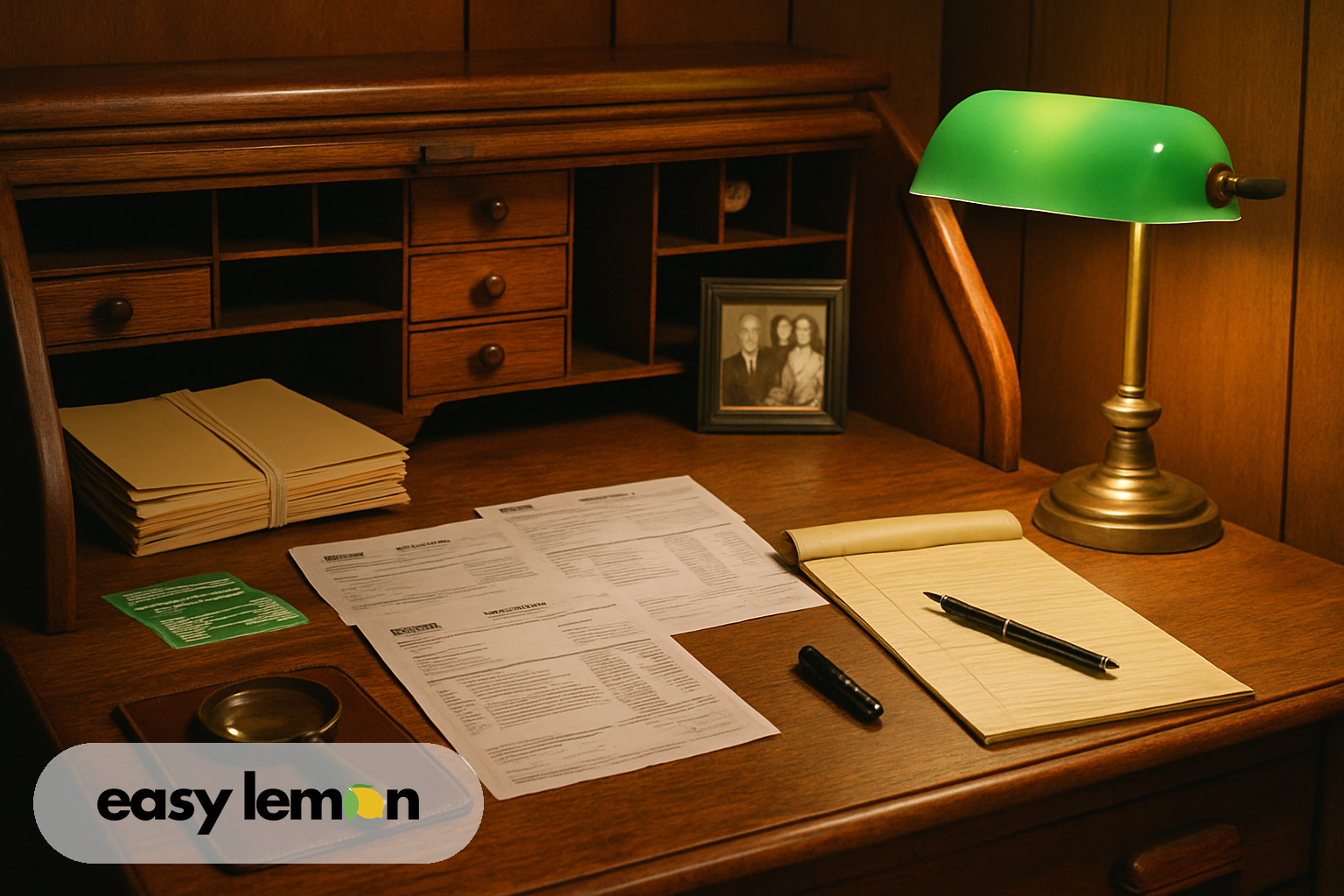 Repair invoices, warranty booklet, and notepad spread across kitchen table