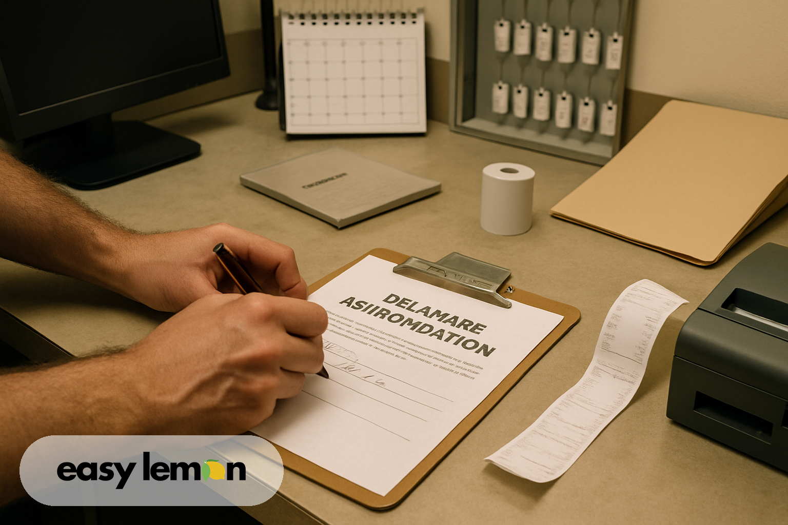 Repair invoices, warranty booklet, and notepad spread across kitchen table