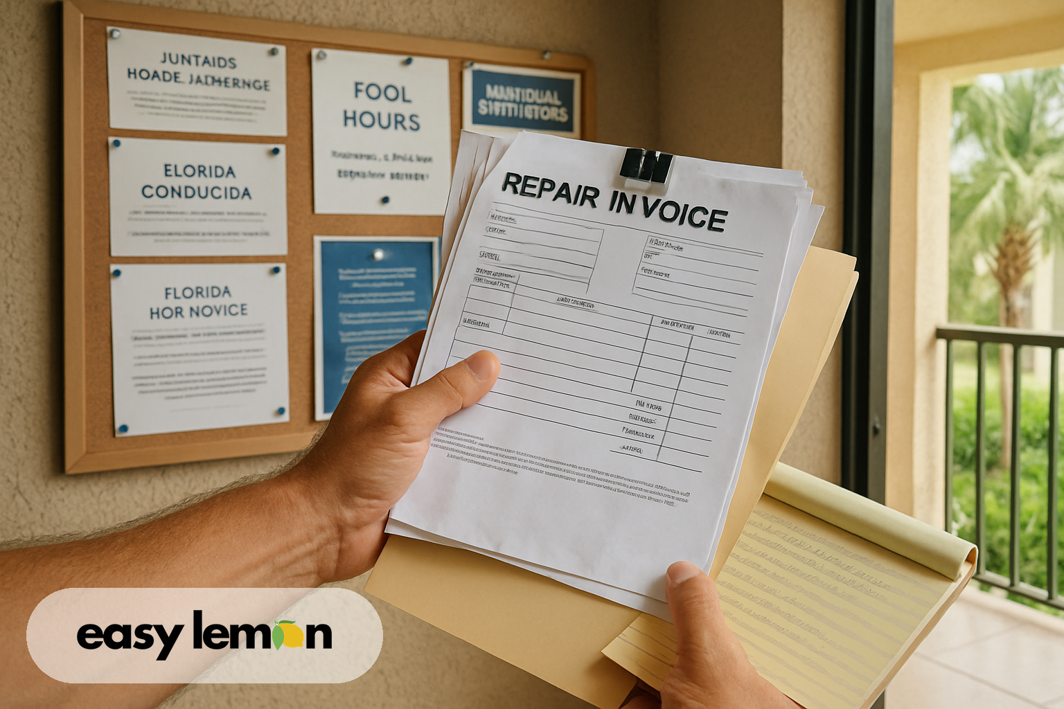 Repair invoices, warranty booklet, and notepad spread across kitchen table