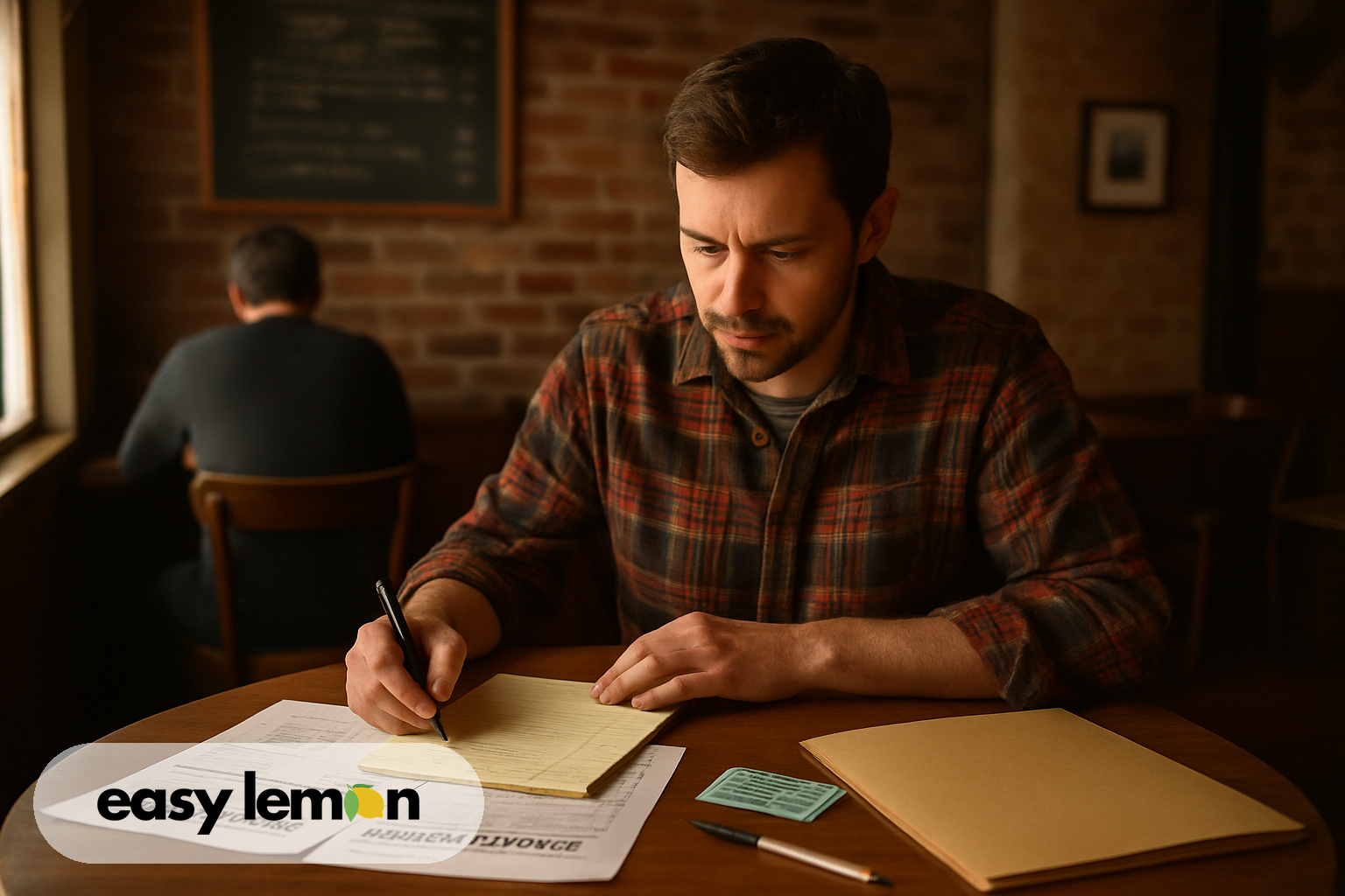 Repair invoices, warranty booklet, and notepad spread across kitchen table