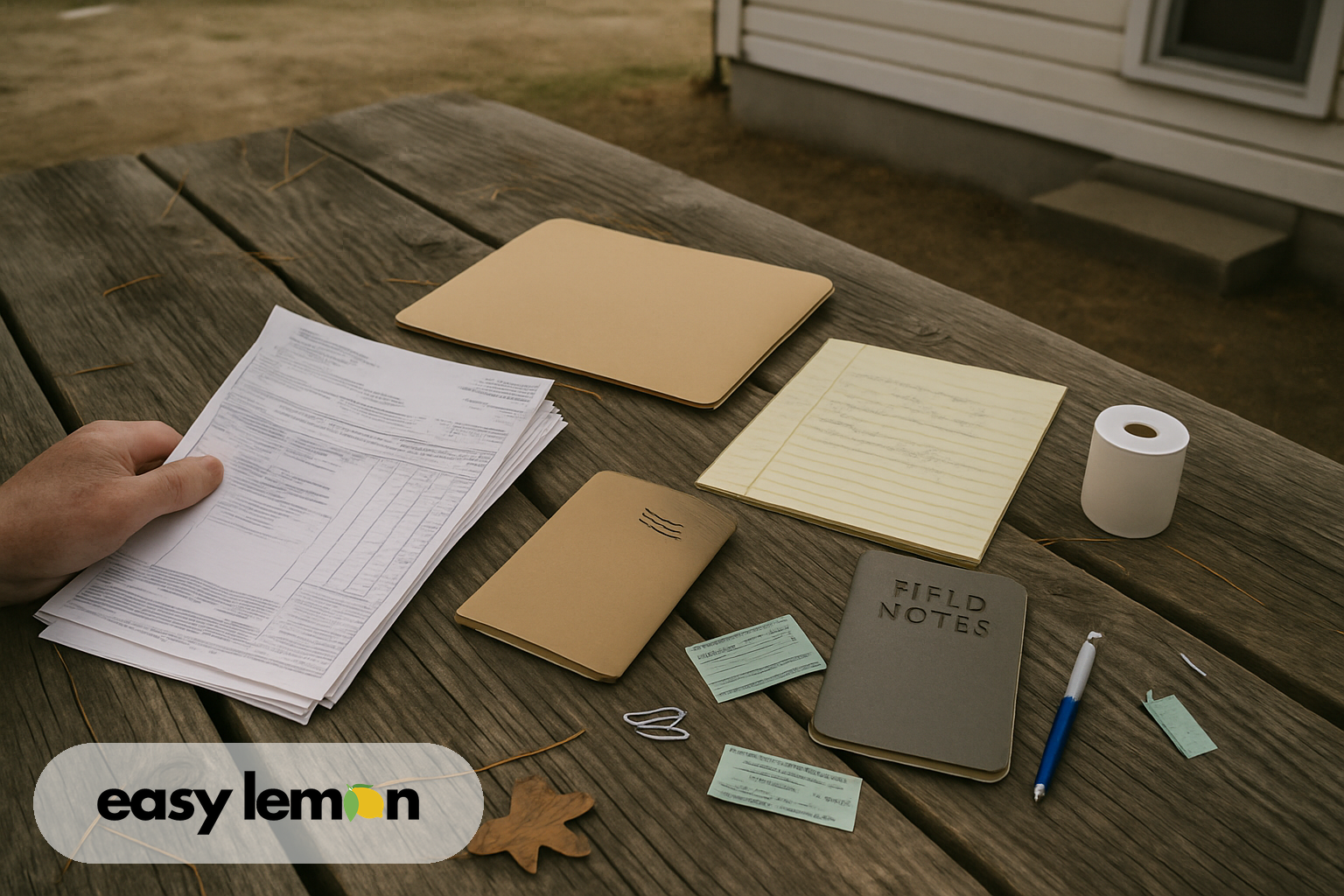 Repair invoices, warranty booklet, and notepad spread across kitchen table