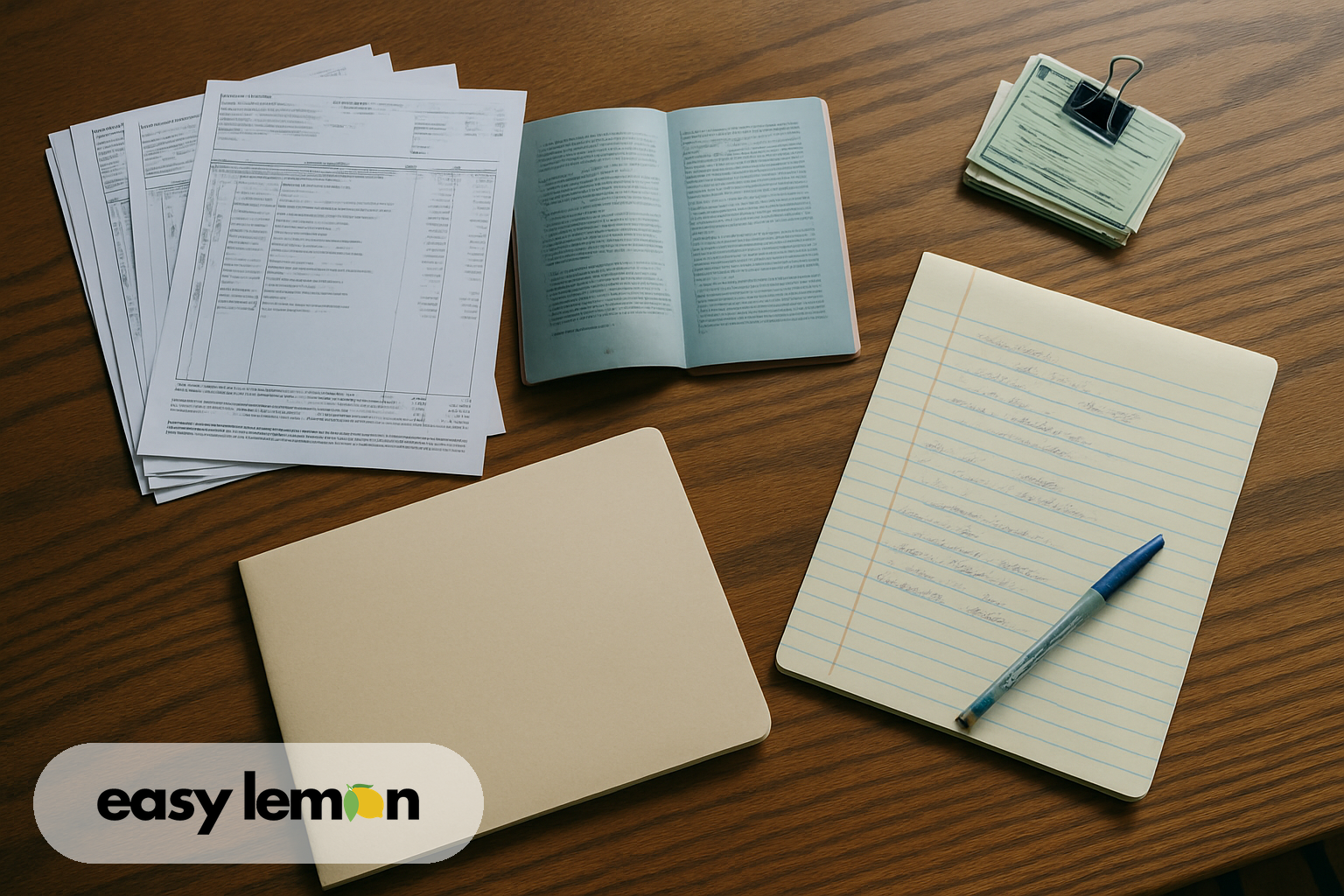 Repair invoices, warranty booklet, and notepad spread across kitchen table