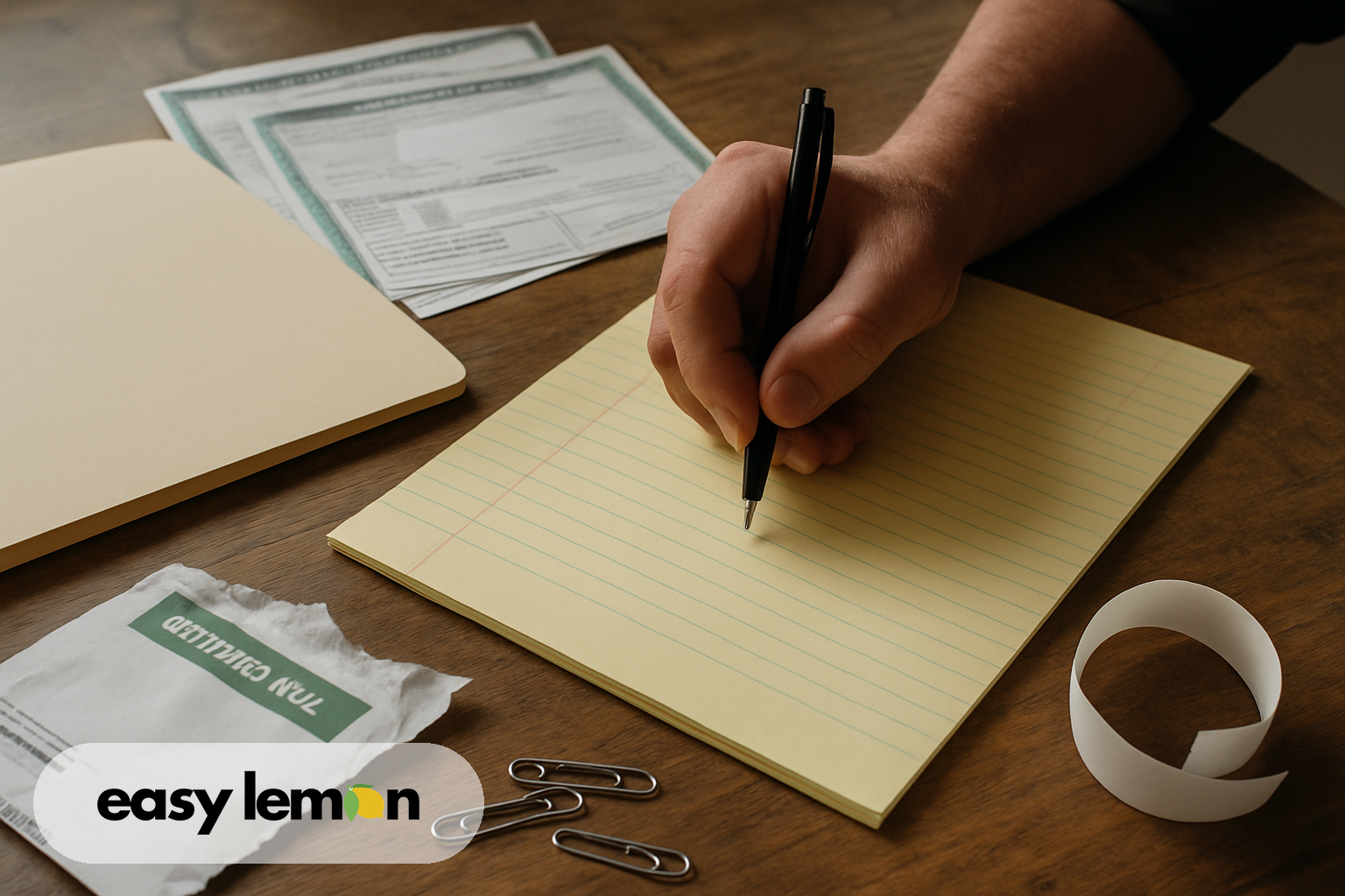 Repair invoices, warranty booklet, and notepad spread across kitchen table for how to file a lemon law claim in Indiana