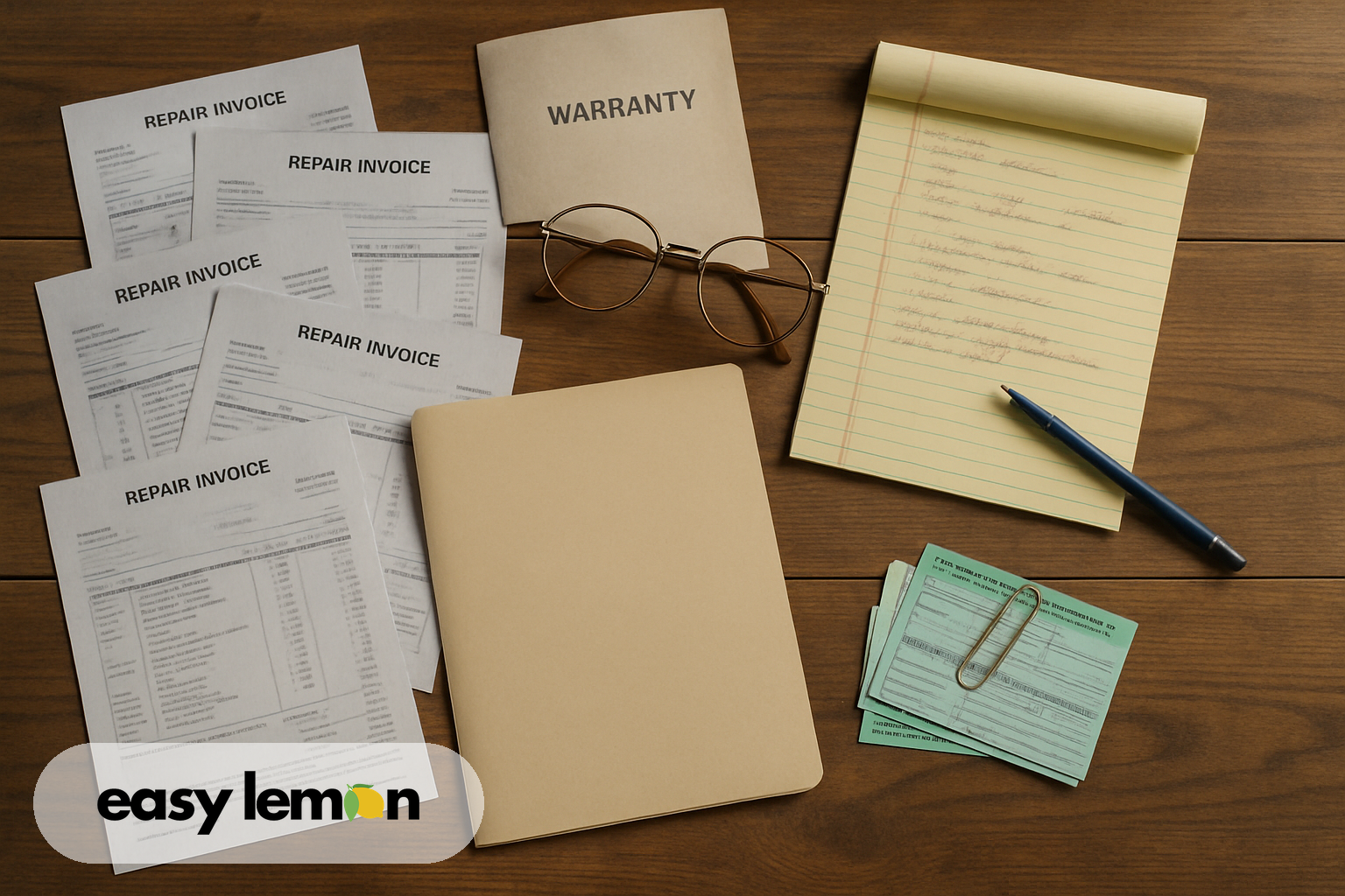 Repair invoices, warranty booklet, and notepad spread across kitchen table