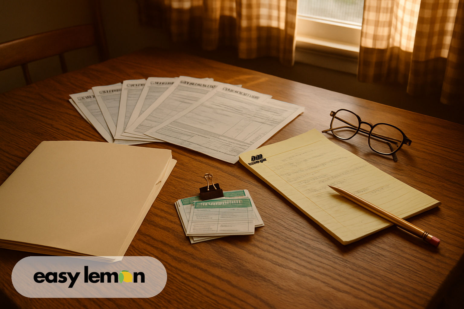Repair invoices, warranty booklet, and notepad spread across kitchen table