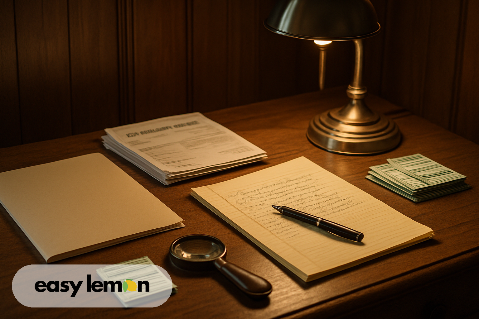 Repair invoices, warranty booklet, and notepad spread across kitchen table