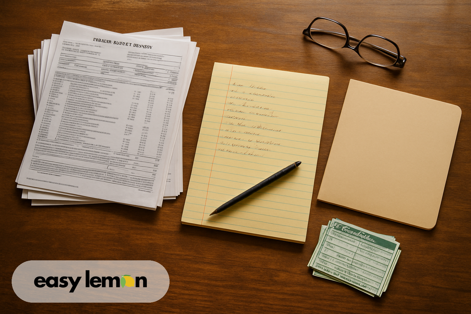 Repair invoices, warranty booklet, and notepad spread across kitchen table