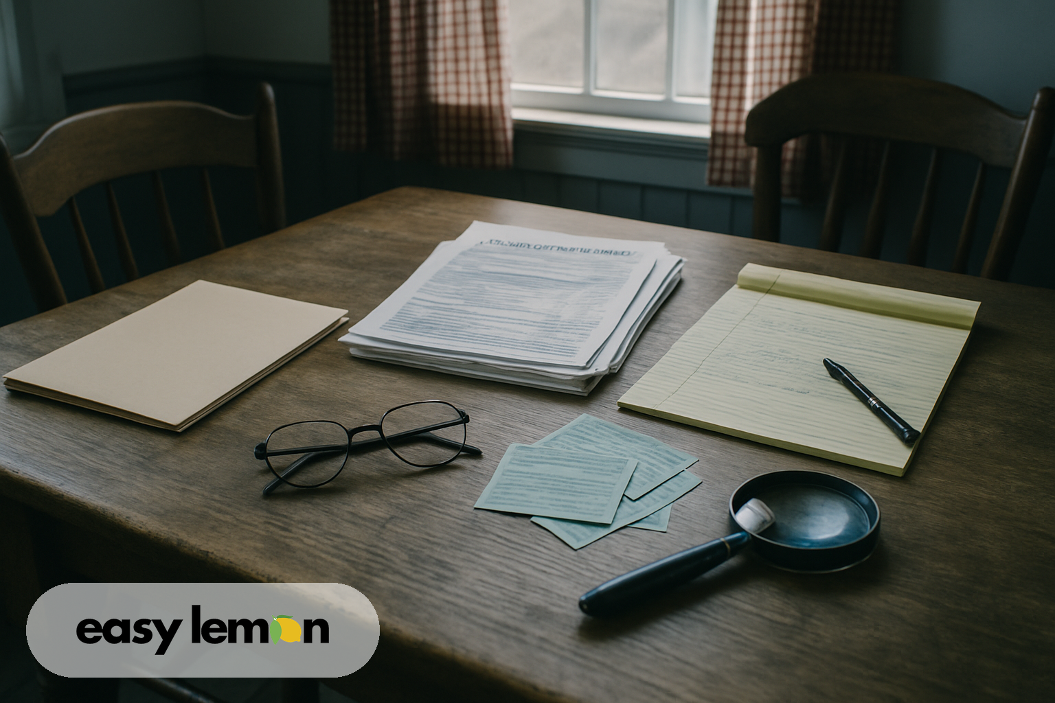 Repair invoices, warranty booklet, and notepad spread across kitchen table