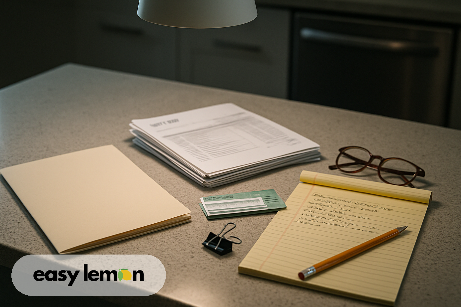Repair invoices, warranty booklet, and notepad spread across kitchen table