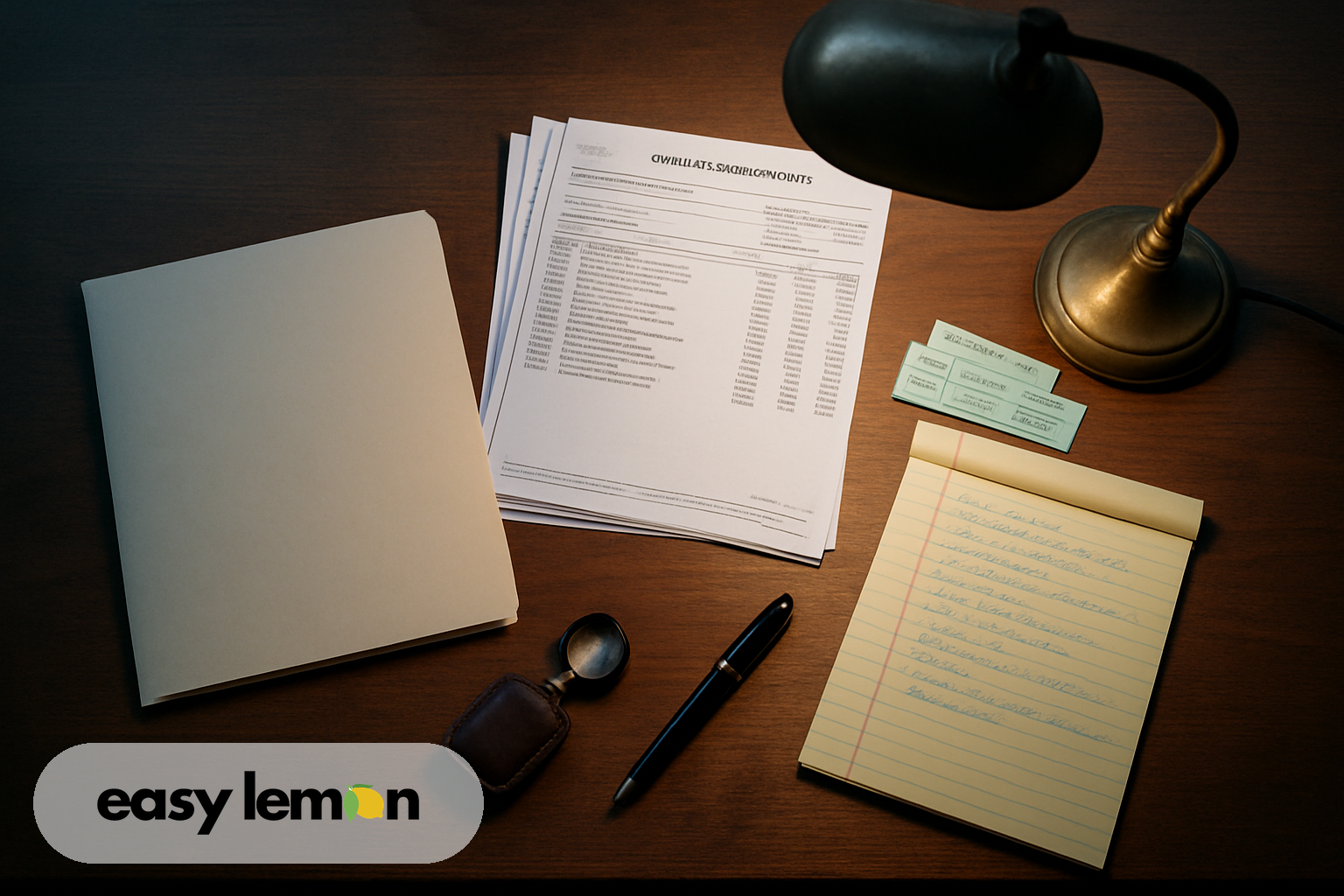 Repair invoices, warranty booklet, and notepad spread across kitchen table