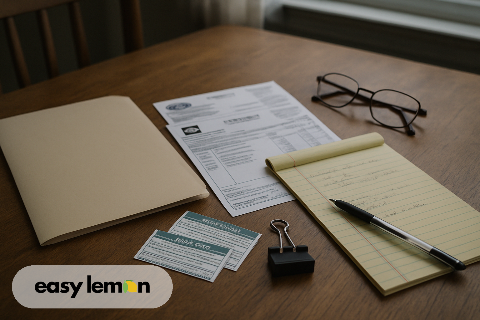 Repair invoices, warranty booklet, and notepad spread across kitchen table