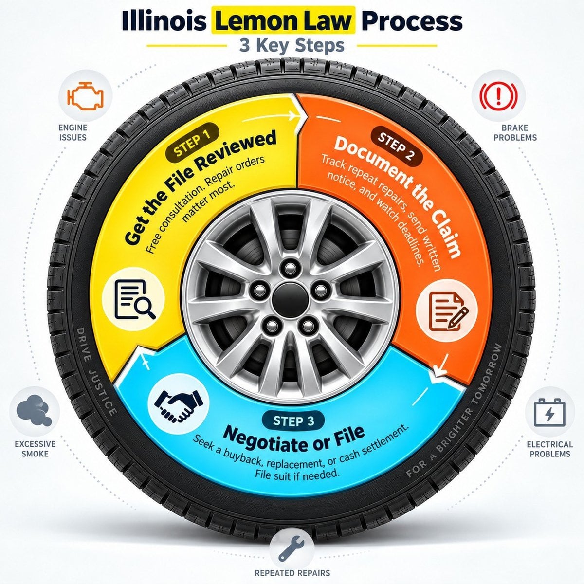 Infographic of the Illinois lemon law process in three steps: get the file reviewed, document the claim, and negotiate or file.