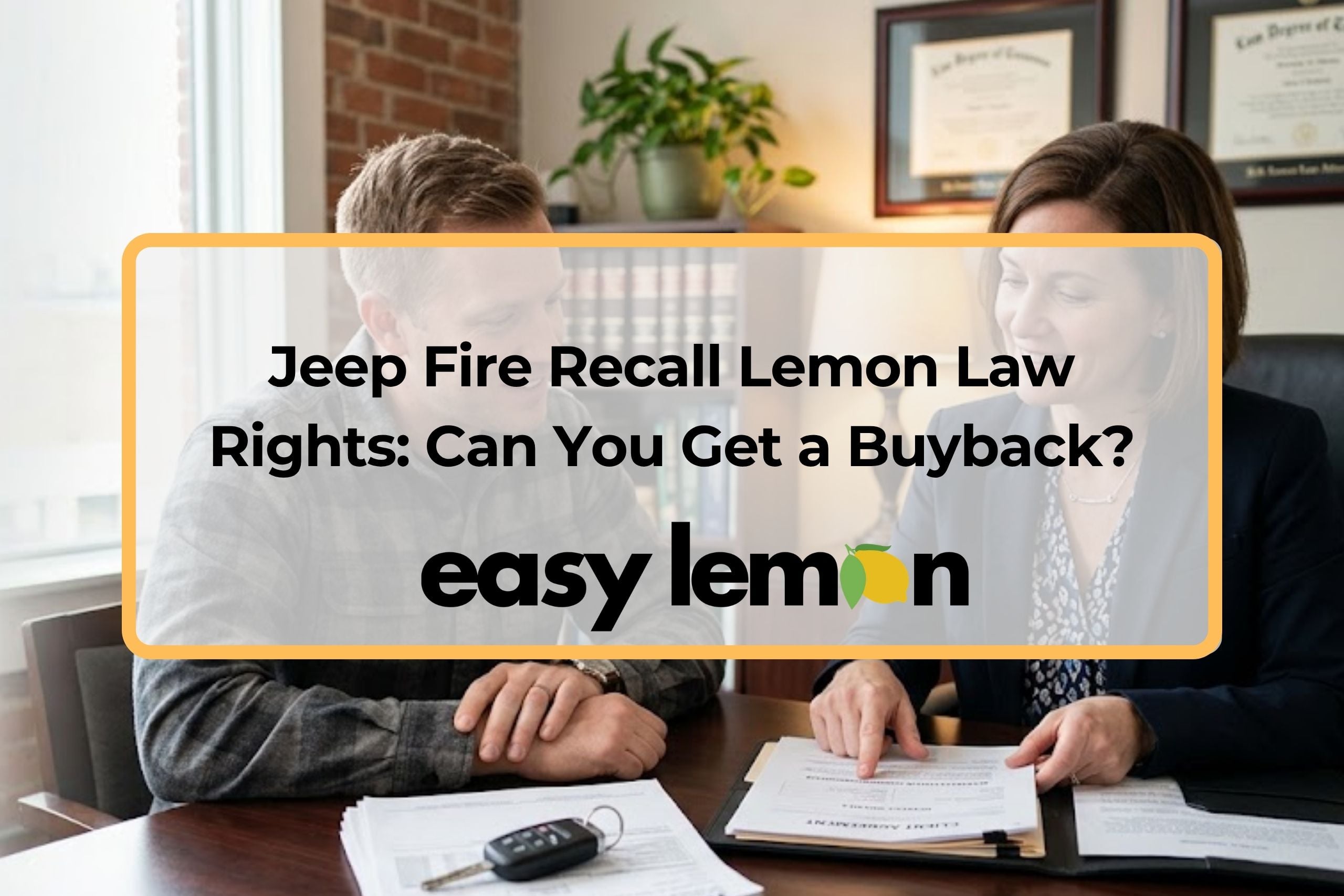 A lemon law attorney reviewing Jeep fire recall buyback options and claim documents with a client at Easy Lemon