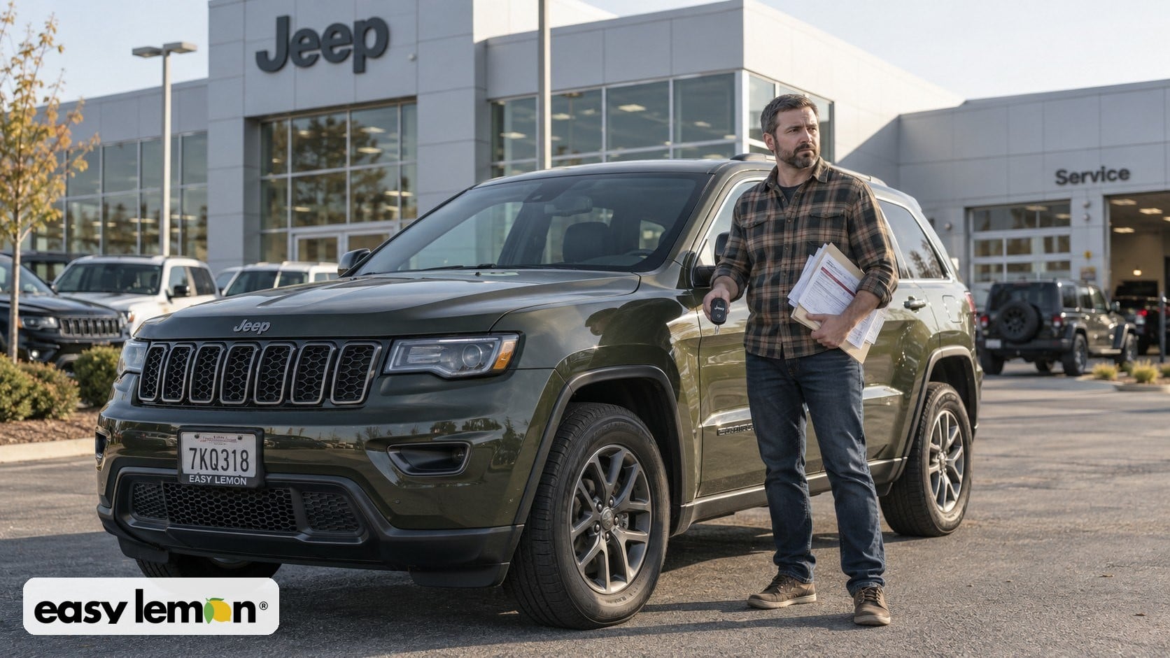 A Jeep Grand Cherokee owner holding repair paperwork and a key fob outside a Jeep dealership service center, weighing a lemon law claim after a fire recall.