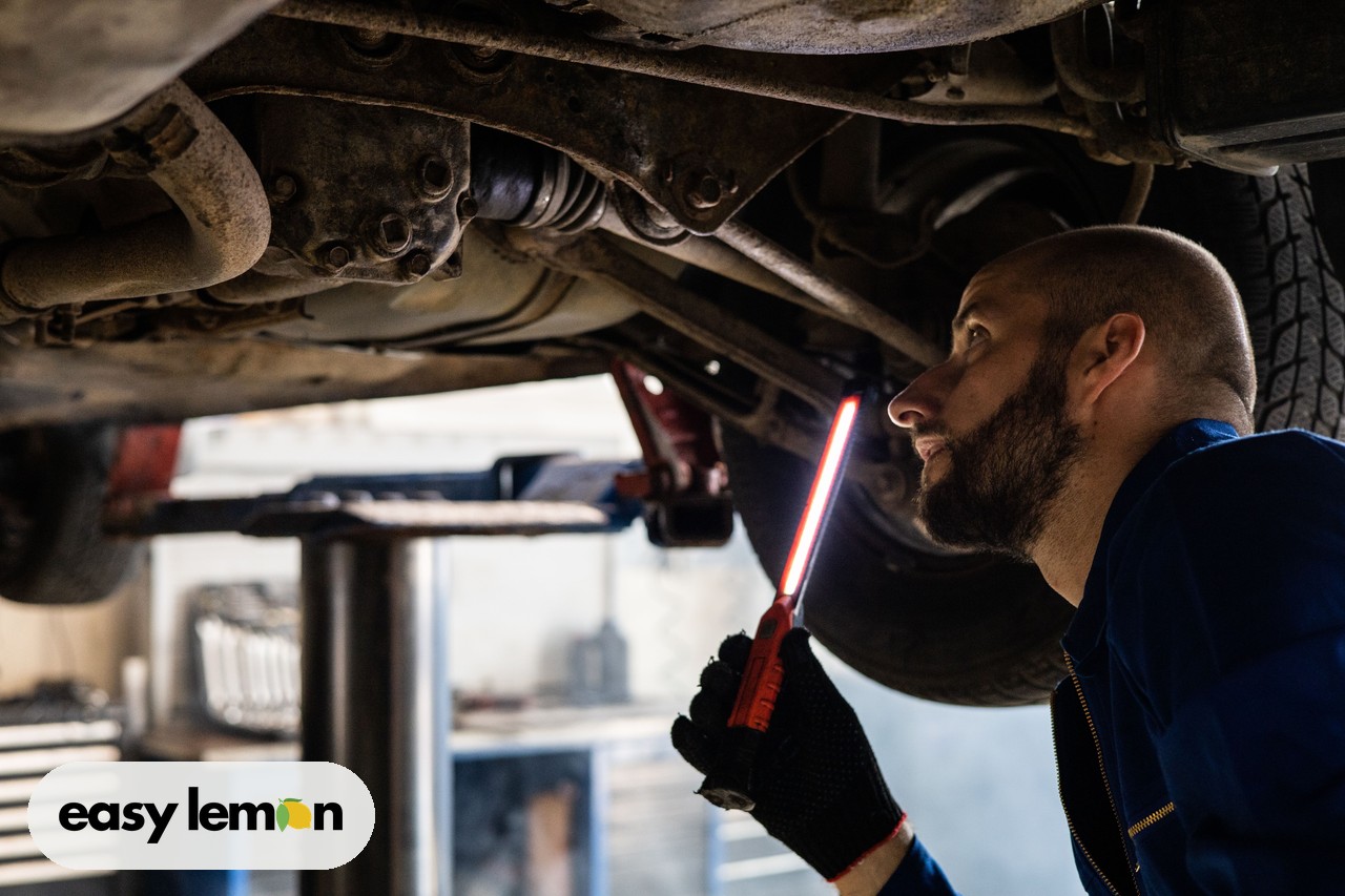 Mechanic using a light to inspect a car's undercarriage for open safety recalls before sale