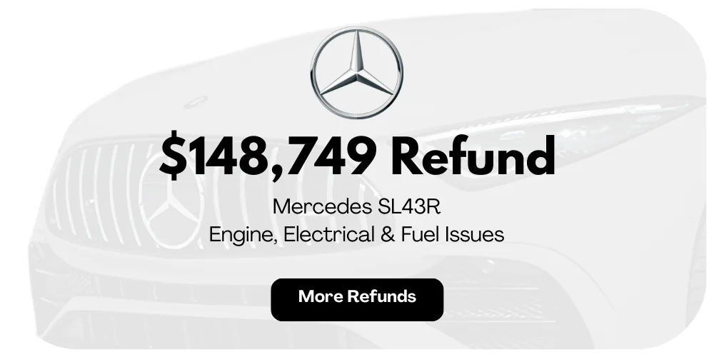 Mercedes SL43R lemon law refund preview: $148,749 for electrical, electrical, and fuel issues.
