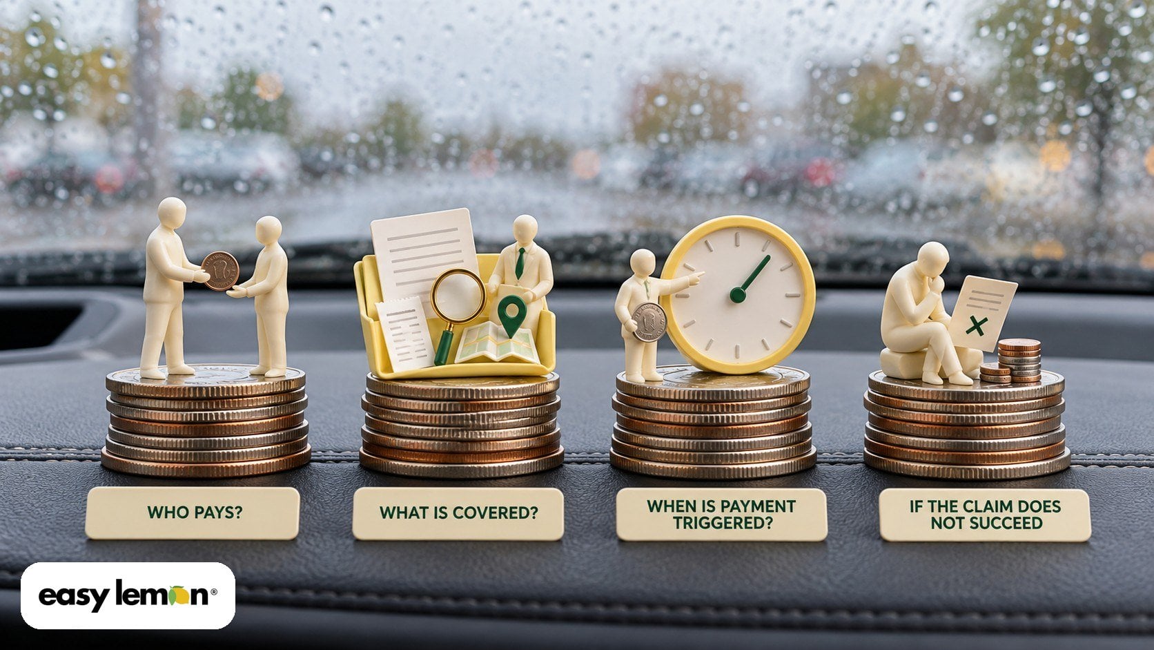 Four-step New Jersey lemon law fee review on a car dashboard: who pays, what is covered, when it is paid, if a claim fails