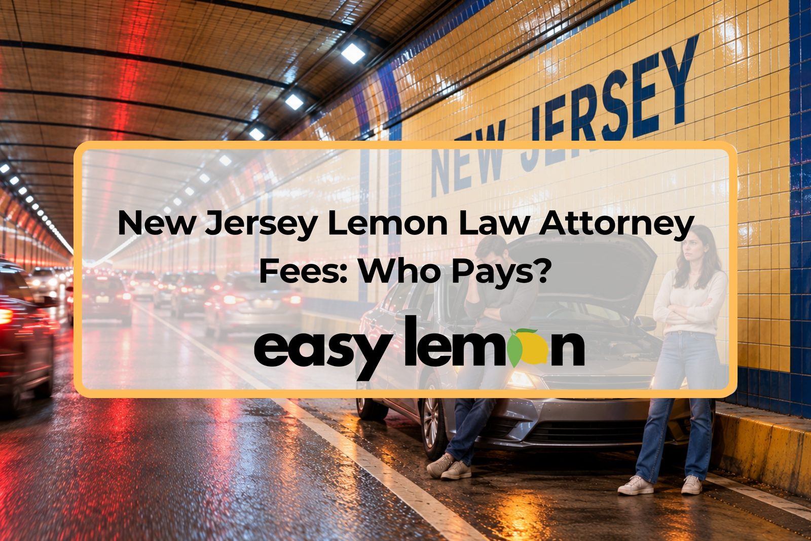 Two worried drivers by a car with its hood up in a New Jersey tunnel, Easy Lemon title card on NJ lemon law attorney fees