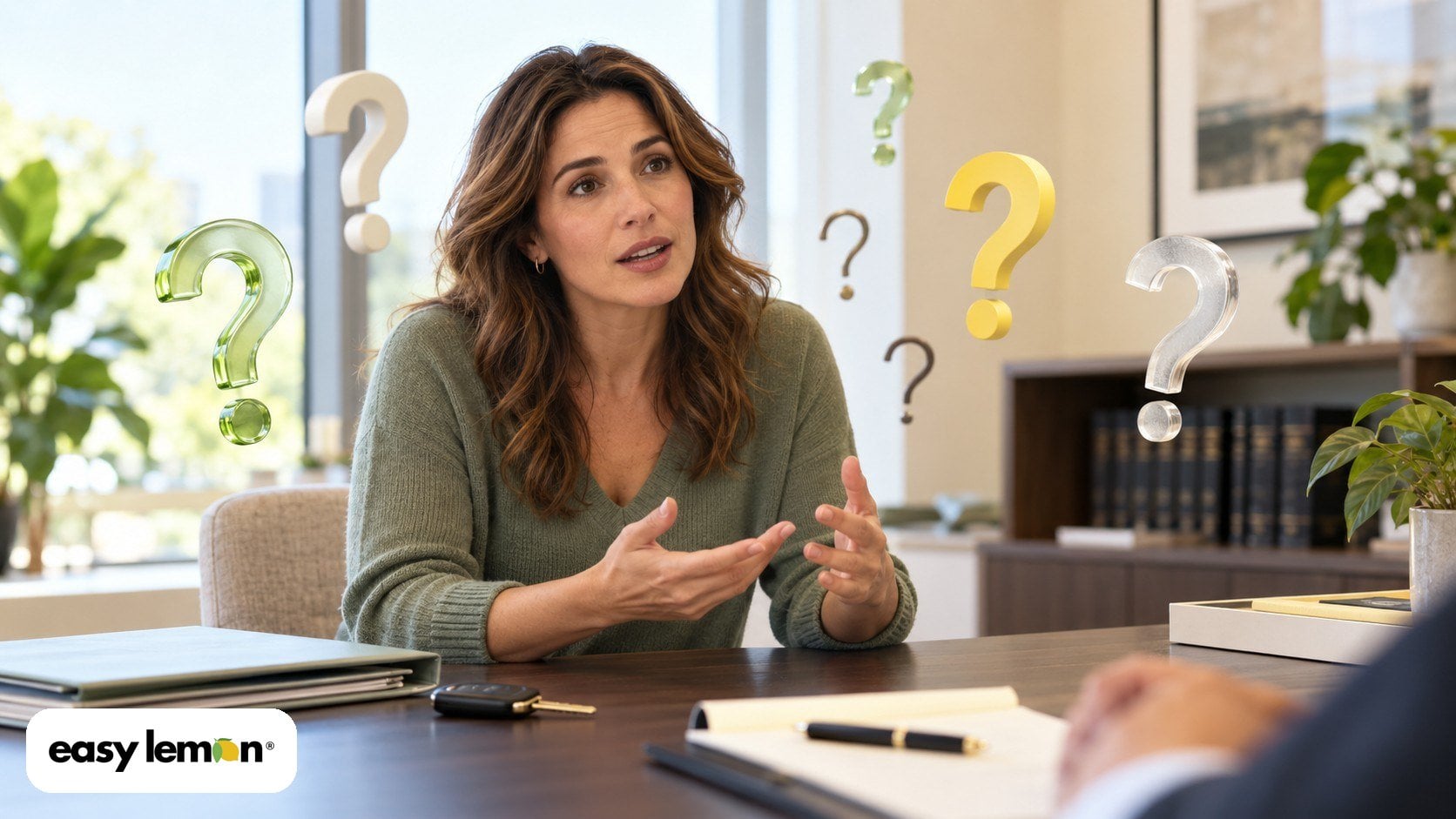 New Jersey driver asking a lemon law attorney questions about fees during a free consultation, car key on the desk